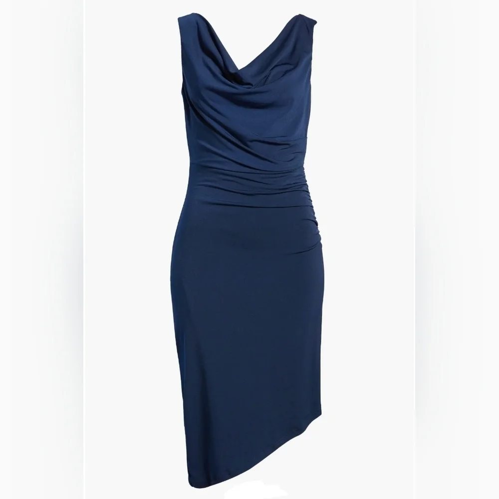 Sam Edelman Cowl Neck Ruched Jersey Midi Dress | Size LARGE Navy Blue - Picture 15 of 15